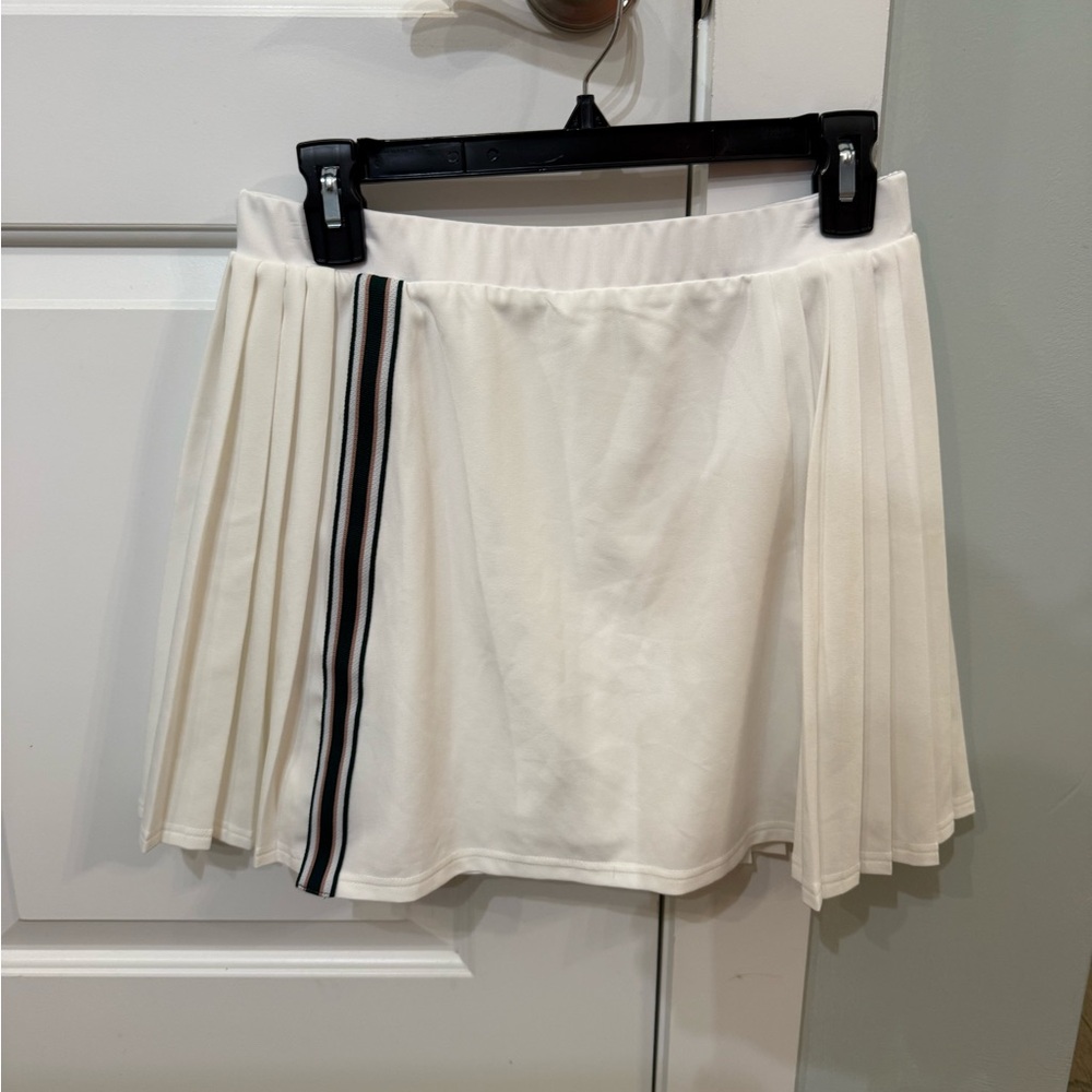 Varley White Pleated Skort with Green/Beige Stripe